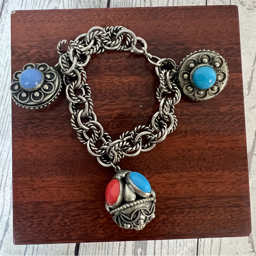 Vintage Silver Glass Coral Etruscan Cabochons Ornate Bauble Charms Bracelet